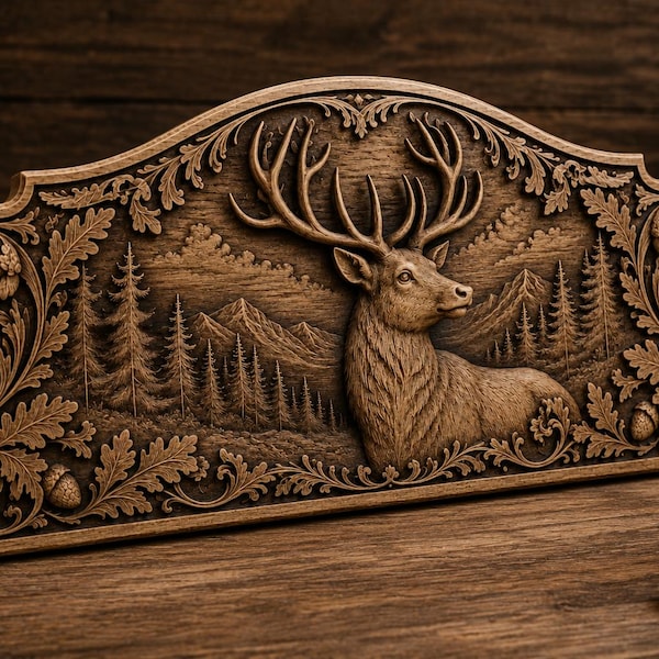 Cabecero rústico con forma de ciervo (archivo STL) / Tallado en madera CNC / Modelo de relieve 3D para fresadora