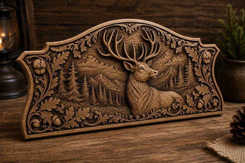 Puede incluir: Placa de madera detallada con un relieve tallado de un ciervo con grandes astas, sobre un fondo de bosque y monta&ntilde;as. La placa tiene un borde ornamentado con dise&ntilde;os florales y de bellotas. El color es marr&oacute;n c&aacute;lido.