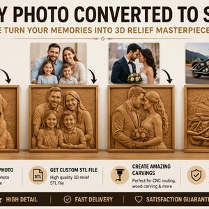K&ouml;nnte beinhalten: Eine digitale Service-Werbung, die vier Beispiele von Fotos zeigt, die in 3D-Reliefschnitzereien umgewandelt wurden. Der Text lautet: ANY PHOTO CONVERTED TO STL, WE TURN YOUR MEMORIES INTO 3D RELIEF MASTERPIECES, SEND ANY PHOTO, GET CUSTOM STL FILE, CREATE AMAZING CARVINGS, 100% CUSTOM, HIGH DETAIL, FAST DELIVERY, SATISFACTION GUARANTEED.