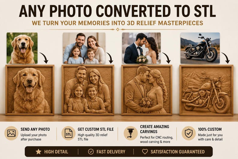 K&ouml;nnte beinhalten: Eine digitale Service-Werbung, die vier Beispiele von Fotos zeigt, die in 3D-Reliefschnitzereien umgewandelt wurden. Der Text lautet: ANY PHOTO CONVERTED TO STL, WE TURN YOUR MEMORIES INTO 3D RELIEF MASTERPIECES, SEND ANY PHOTO, GET CUSTOM STL FILE, CREATE AMAZING CARVINGS, 100% CUSTOM, HIGH DETAIL, FAST DELIVERY, SATISFACTION GUARANTEED.