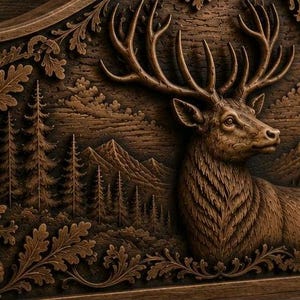 Puede incluir: Una talla de madera marr&oacute;n detallada de un ciervo con grandes astas, sobre un fondo de una cordillera y pinos. La talla presenta detalles intrincados del pelaje del ciervo y el follaje circundante, creando una est&eacute;tica r&uacute;stica y natural.