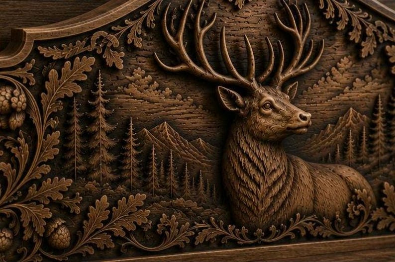Puede incluir: Una talla de madera marr&oacute;n detallada de un ciervo con grandes astas, sobre un fondo de una cordillera y pinos. La talla presenta detalles intrincados del pelaje del ciervo y el follaje circundante, creando una est&eacute;tica r&uacute;stica y natural.