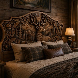 Puede incluir: Cabecero de madera tallada con un ciervo y un bosque. La cama tiene un edred&oacute;n marr&oacute;n y beige y almohadas a cuadros. Una l&aacute;mpara y una obra de arte enmarcada son visibles.