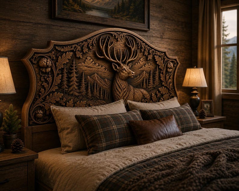 Puede incluir: Cabecero de madera tallada con un ciervo y un bosque. La cama tiene un edred&oacute;n marr&oacute;n y beige y almohadas a cuadros. Una l&aacute;mpara y una obra de arte enmarcada son visibles.