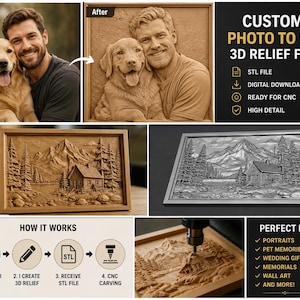 K&ouml;nnte beinhalten: Ein digitaler Service zur Umwandlung von Fotos in 3D-Relief-STL-Dateien f&uuml;r CNC-Fr&auml;sen. Das Bild zeigt eine Vorher-Nachher-Portr&auml;ttransformation, ein Landschaftsrelief einer Bergh&uuml;tte und eine CNC-Maschine beim Fr&auml;sen einer Holzplatte.