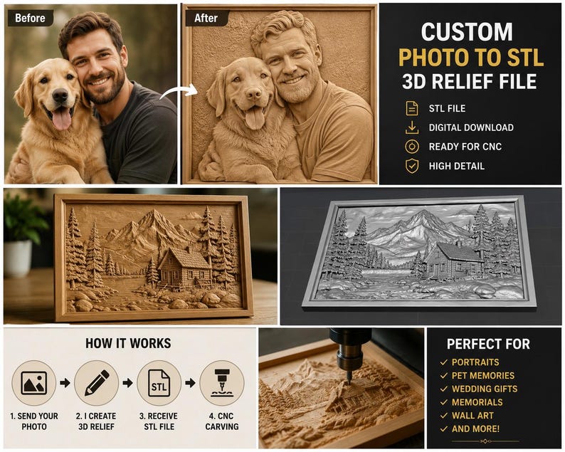 K&ouml;nnte beinhalten: Ein digitaler Service zur Umwandlung von Fotos in 3D-Relief-STL-Dateien f&uuml;r CNC-Fr&auml;sen. Das Bild zeigt eine Vorher-Nachher-Portr&auml;ttransformation, ein Landschaftsrelief einer Bergh&uuml;tte und eine CNC-Maschine beim Fr&auml;sen einer Holzplatte.