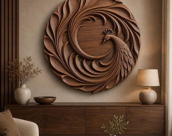 Peacock Wall Relief STL File for CNC Carving, 500mm Circular 3D Model