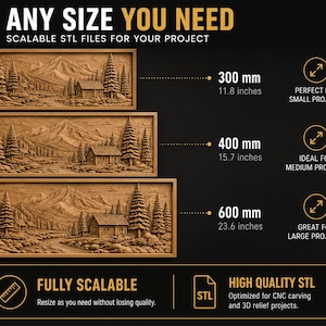 K&ouml;nnte beinhalten: Drei rechteckige, holzgeschnitzte Reliefplatten mit einer Berglandschaft, einer H&uuml;tte, B&auml;umen und einem Fluss. Das Bild zeigt Gr&ouml;&szlig;en von 300 mm, 400 mm und 600 mm f&uuml;r skalierbare STL-Dateien f&uuml;r CNC-Fr&auml;sen und 3D-Reliefprojekte.