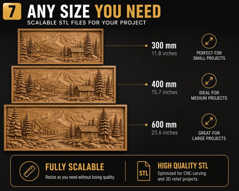 K&ouml;nnte beinhalten: Drei rechteckige, holzgeschnitzte Reliefplatten mit einer Berglandschaft, einer H&uuml;tte, B&auml;umen und einem Fluss. Das Bild zeigt Gr&ouml;&szlig;en von 300 mm, 400 mm und 600 mm f&uuml;r skalierbare STL-Dateien f&uuml;r CNC-Fr&auml;sen und 3D-Reliefprojekte.
