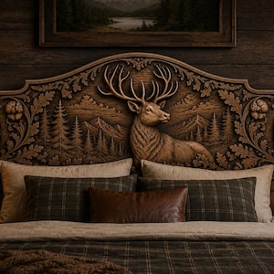 Puede incluir: Cabecero de cama de madera tallada con un relieve detallado de un ciervo y un paisaje forestal. La cama est&aacute; hecha con almohadas a cuadros, una almohada de cuero marr&oacute;n y una colcha de tonos neutros. La habitaci&oacute;n tiene una est&eacute;tica r&uacute;stica.