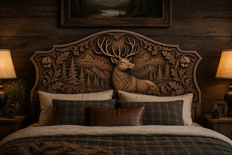 Puede incluir: Cabecero de cama de madera tallada con un relieve detallado de un ciervo y un paisaje forestal. La cama est&aacute; hecha con almohadas a cuadros, una almohada de cuero marr&oacute;n y una colcha de tonos neutros. La habitaci&oacute;n tiene una est&eacute;tica r&uacute;stica.