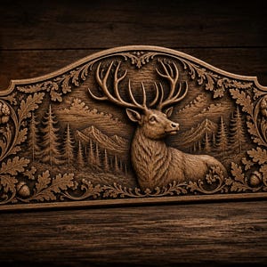 Puede incluir: Placa de madera detallada con una imagen tallada de un ciervo con grandes astas, sobre un fondo de bosque y monta&ntilde;as. La placa est&aacute; enmarcada con intrincados dise&ntilde;os florales y de hojas, mostrando una est&eacute;tica r&uacute;stica.