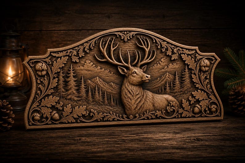 Puede incluir: Placa de madera detallada con una imagen tallada de un ciervo con grandes astas, sobre un fondo de bosque y monta&ntilde;as. La placa est&aacute; enmarcada con intrincados dise&ntilde;os florales y de hojas, mostrando una est&eacute;tica r&uacute;stica.