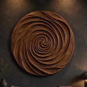 May include: A circular wall art piece crafted from dark brown wood, featuring a deep, carved spiral pattern that radiates from the center. The surface displays intricate, flowing ridges and valleys that create a sense of depth and movement.