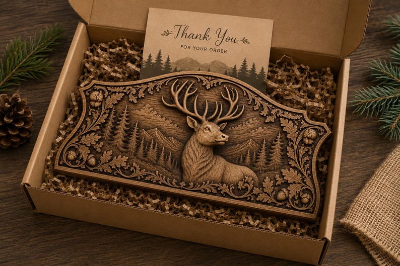 Puede incluir: Placa de madera tallada que representa un ciervo en un paisaje forestal, presentada dentro de una caja de cart&oacute;n con una tarjeta de "Gracias por tu pedido". La placa est&aacute; rodeada de elementos decorativos y material de embalaje.