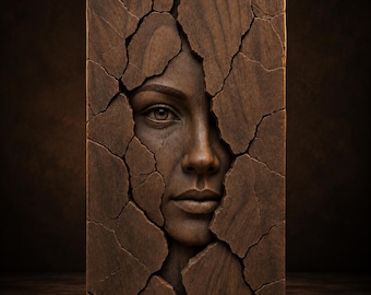 Rostro de mujer agrietado en relieve 3D STL, archivo de tallado de madera CNC, retrato femenino en bajorrelieve, descarga digital ArtCAM Aspire.