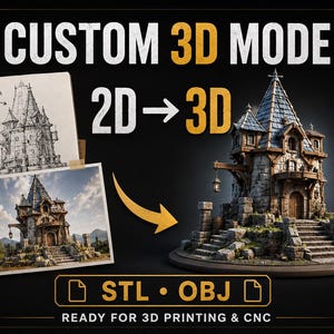 May include: A custom 3D model service display showing a sketch and a photograph of a stone building, with a corresponding 3D printed miniature of the same structure. Text reads CUSTOM 3D MODEL, 2D to 3D, and STL OBJ READY FOR 3D PRINTING & CNC.