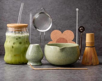 Matcha Set, Matchas kit & Wavy Cloud Glass tumbler cup – (Ready-to-Gift Set)