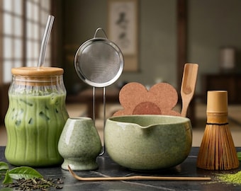 Matcha Set, Matchas kit & Wavy Cloud Glass tumbler cup – (Ready-to-Gift Set)