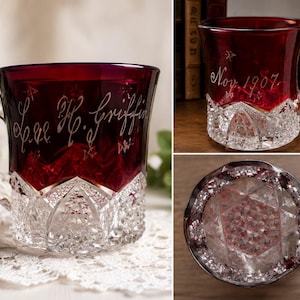 Antique Ruby Flash Glass Mug | Hand Engraved "Lee H. Griffin" | Dated 1907 | Personalized Victorian Glass Cup | Family Estate
