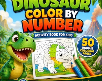 50 Page Kids Color By Number Printable Book – Dinosaurs (Digital Download)