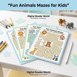 May include: Three activity sheets titled Fun Animals Mazes with illustrations of a lion, elephant, rabbit, bear, giraffe, monkey, and panda. The sheets are surrounded by colorful crayons, a white pencil, and small plastic animal figurines.