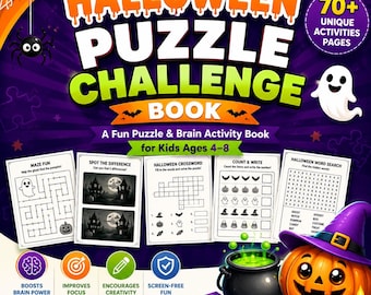 Halloween Puzzle Book for Kids Ages 4–8, 70+ Brain Games & Fun Activities, Printable PDF