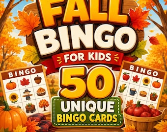 Fall Bingo for Kids, Autumn Bingo Game, 50 Printable Bingo Cards