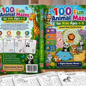May include: A colorful activity book titled 100 Fun Animal Mazes for Kids Ages 4-8, featuring illustrations of a giraffe, monkey, lion, elephant, and panda. The cover displays maze examples, text, and icons, with a barcode on the back cover.