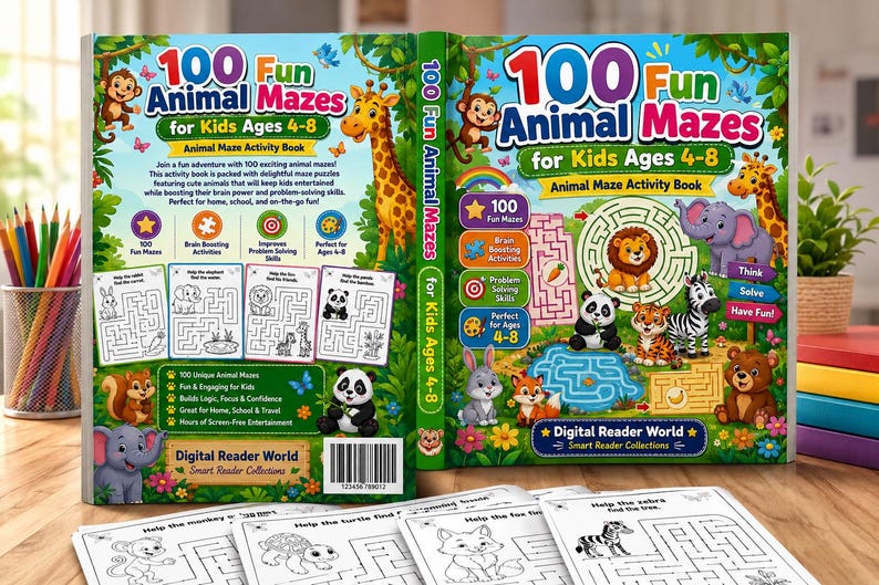May include: A colorful activity book titled 100 Fun Animal Mazes for Kids Ages 4-8, featuring illustrations of a giraffe, monkey, lion, elephant, and panda. The cover displays maze examples, text, and icons, with a barcode on the back cover.