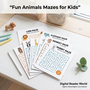 May include: A collection of white paper activity sheets titled Fun Animals Mazes for Kids, featuring illustrations of a lion, elephant, monkey, rabbit, panda, giraffe, and bear. Each sheet includes a maze puzzle and the text Help the Lion find his den.