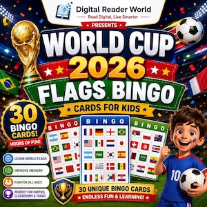 Puede incluir: Un juego de bingo de banderas de la Copa Mundial 2026 para niños que incluye 30 tarjetas de bingo con varias banderas nacionales, una ilustración de un trofeo dorado y un personaje de dibujos animados con un balón de fútbol.