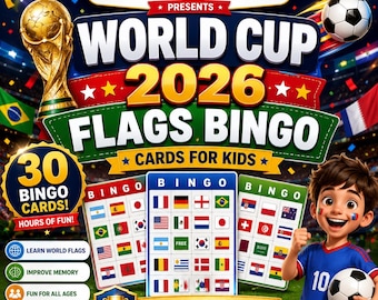 Cartelle del bingo con le bandiere dei Mondiali 2026 per bambini / Gioco di attività calcistiche (Download immediato)