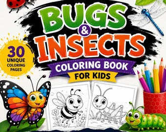 Bugs & Insects Coloring Book for Kids, 30 Printable Coloring Pages, Preschool Activity PDF, Digital Download