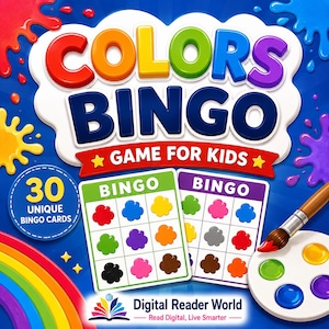 Peut inclure: Un jeu de bingo des couleurs pour enfants avec un fond bleu, des éclaboussures de peinture, un arc-en-ciel et deux cartes de bingo avec des icônes de nuages colorés. Le jeu inclut 30 cartes uniques, un pinceau et une palette de six couleurs.
