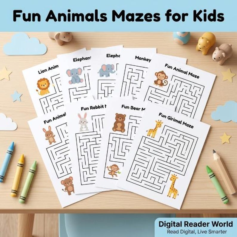 May include: A collection of white paper sheets featuring black line mazes and colorful animal illustrations including a lion, elephant, monkey, rabbit, bear, and giraffe. The pages are titled with text such as Fun Animal Maze and Fun Girimal Maze.