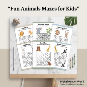 May include: A collection of five printable activity sheets titled Fun Animals Mazes for Kids, featuring illustrations of a lion, elephant, monkey, rabbit, bear, giraffe, and panda. Each page includes a maze puzzle and animal graphics on white paper.