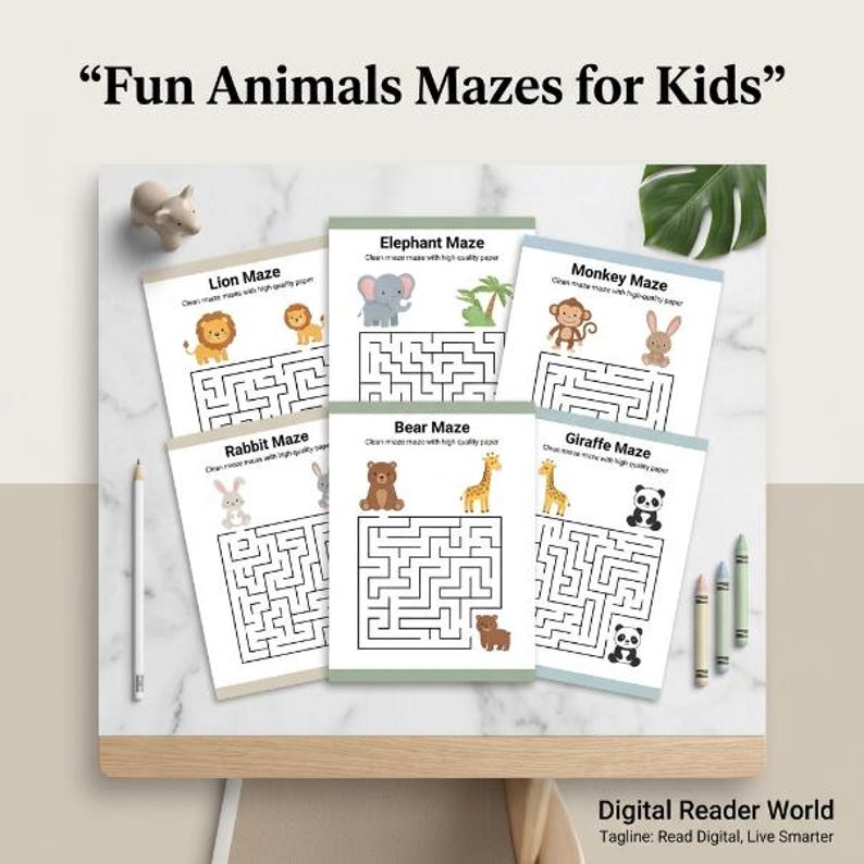 May include: A collection of five printable activity sheets titled Fun Animals Mazes for Kids, featuring illustrations of a lion, elephant, monkey, rabbit, bear, giraffe, and panda. Each page includes a maze puzzle and animal graphics on white paper.