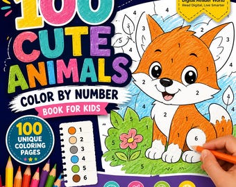 100 Cute Animals Color by Number Book for Kids, Printable Coloring Pages, Animal Activity PDF