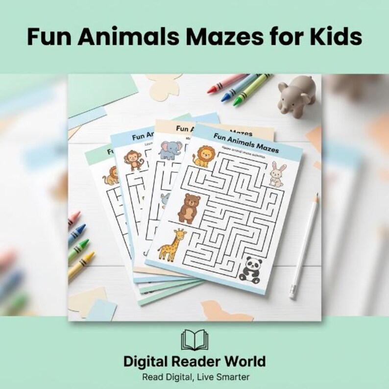 May include: A stack of printed activity sheets titled Fun Animals Mazes with illustrations of a lion, bear, giraffe, rabbit, and panda. The pages feature black line mazes, accompanied by colorful crayons and a white pencil on a light surface.
