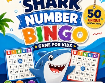 Shark Number Bingo Game for Kids, 50 Unique Bingo Cards, Ocean Animal Party Printable