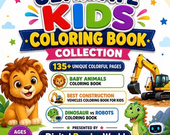 Kids Coloring Book Bundle Baby Animals Construction Vehicles Dinosaur Robots 135 Pages