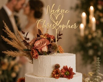 Custom Mirror Gold Acrylic Wedding Cake Topper, Personalized Names & Date Sign