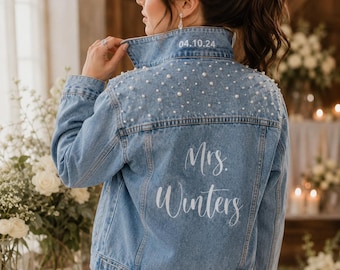 Personalized Pearl Denim Bride Jacket, Custom Mrs. Wedding Jean Coat