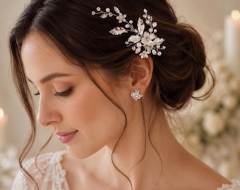 Crystal Floral Bridal Hair Clip, Pearl Wedding Barrette, Romantic Accessory
