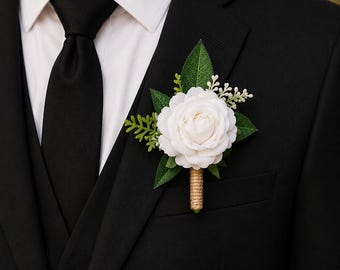 White Rose Wedding Boutonniere and Wrist Corsage Set, Artificial Floral Accessories