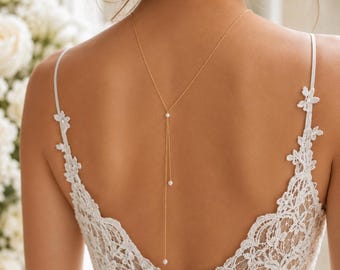 Bridal Back Drop Necklace, Pearl Accent, Open Back Dress Jewelry, Gold Silver