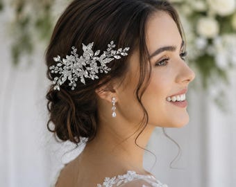 Silver Crystal Floral Bridal Hair Clip, Rhinestone Wedding Accessory, Handmade Headpiece