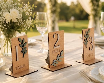 Wooden Wedding Table Numbers, Botanical Greenery Reception Signs, Rustic Boho Decor