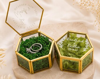 Custom Hexagon Wedding Ring Box, Personalized Gold Glass Ring Bearer Holder